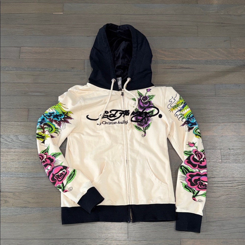 Auth Like New Ed Hardy by Christian Audigier Women's Floral Rhinestone Hoodie M - Picture 2 of 7